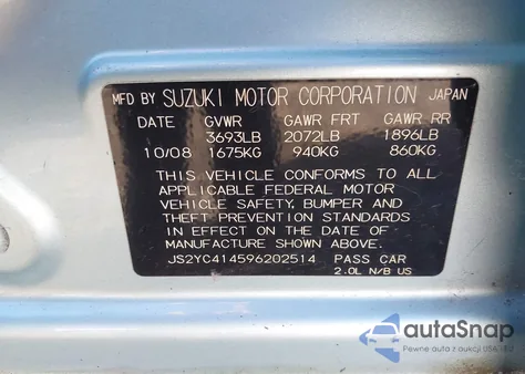 2009 Suzuki Sx4 Sport/Sport Technology z USA, uszkodzony, nr VIN JS2YC414596202514